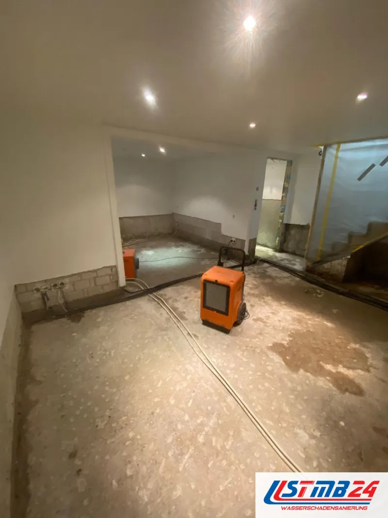 Entkernter Keller mit zwei orangen Kondenstrocknern, Putz bis auf Sockelhöhe abgeschlagen, Schläuche und Kabel über dem rohen Boden