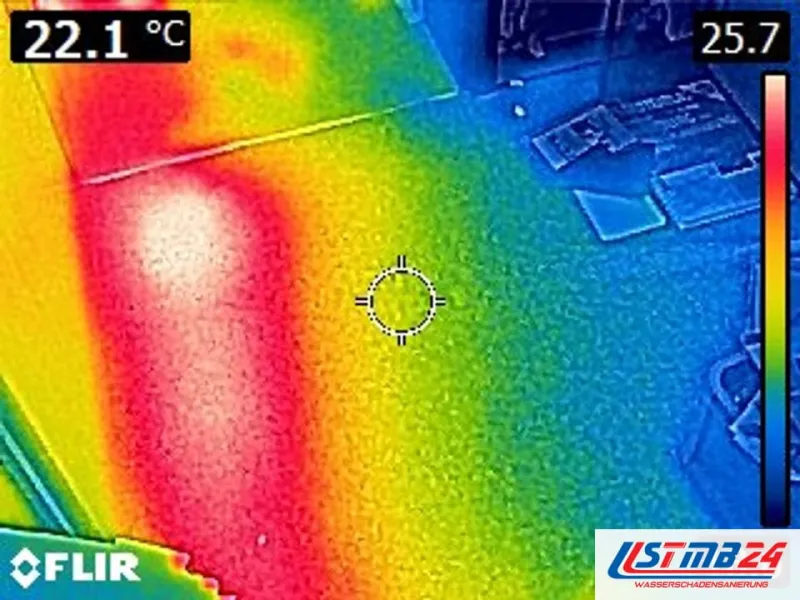 Wärmebild einer Fußbodenheizung: roter warmer Streifen der Leckstelle neben kühlen blauen Flächen, Messpunkt bei 22,1 Grad