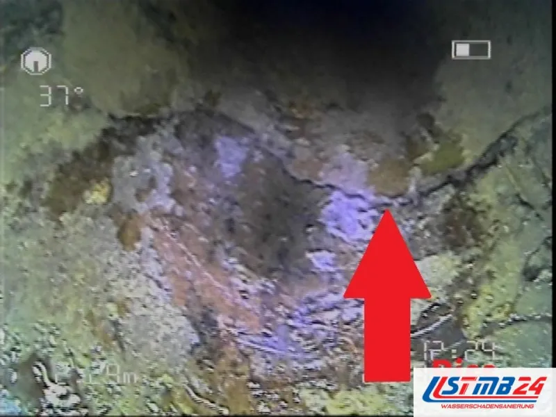 Bild der Rohrkamera aus einem Abwasserrohr, roter Pfeil auf einen Riss in der Rohrwand, Anzeige 37 Grad