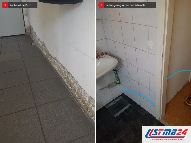 Zwei Ansichten: Wand mit abgeschlagenem Sockel über grauen Fliesen, daneben Badtür mit blauen Linien für den Leitungsweg unter der Schwelle