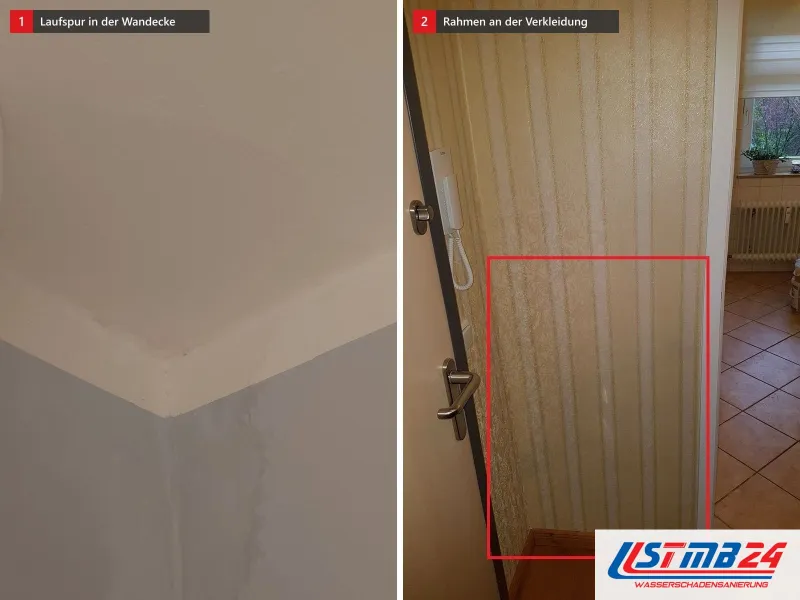 Zwei Ansichten: Wandecke mit senkrechter Laufspur unter der Decke, daneben Holzverkleidung neben einer Tür mit rot eingerahmtem Fuß über Fliesen