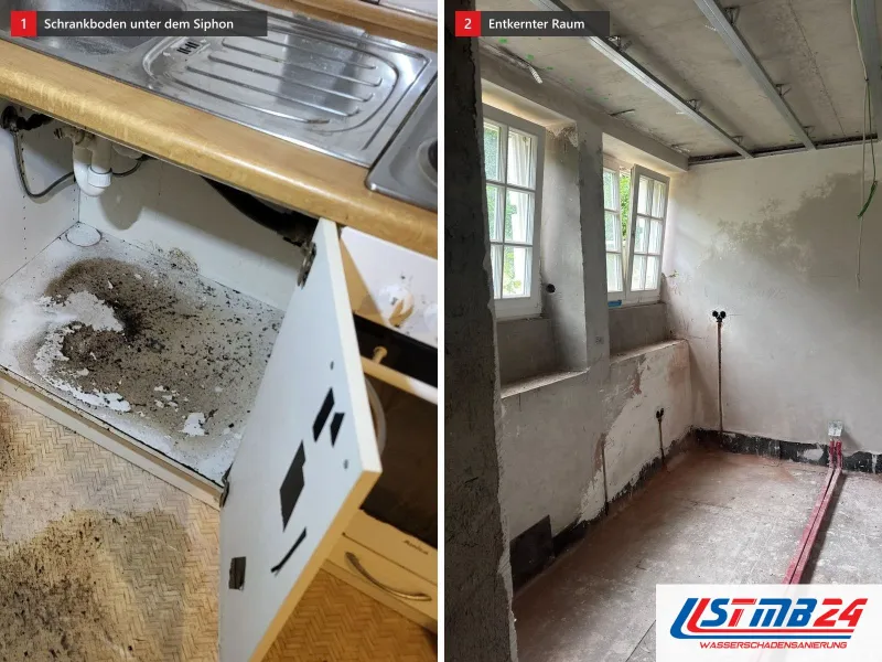 Zwei Ansichten: Spülenunterschrank mit aufgequollenem Boden unter dem Siphon, daneben entkernter Raum mit Sprossenfenstern und roten Leitungen