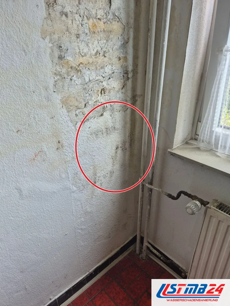 abgeplatzter Putz neben dem Fenster, rote Fliesen am Boden, ein roter Kreis markiert die Stelle