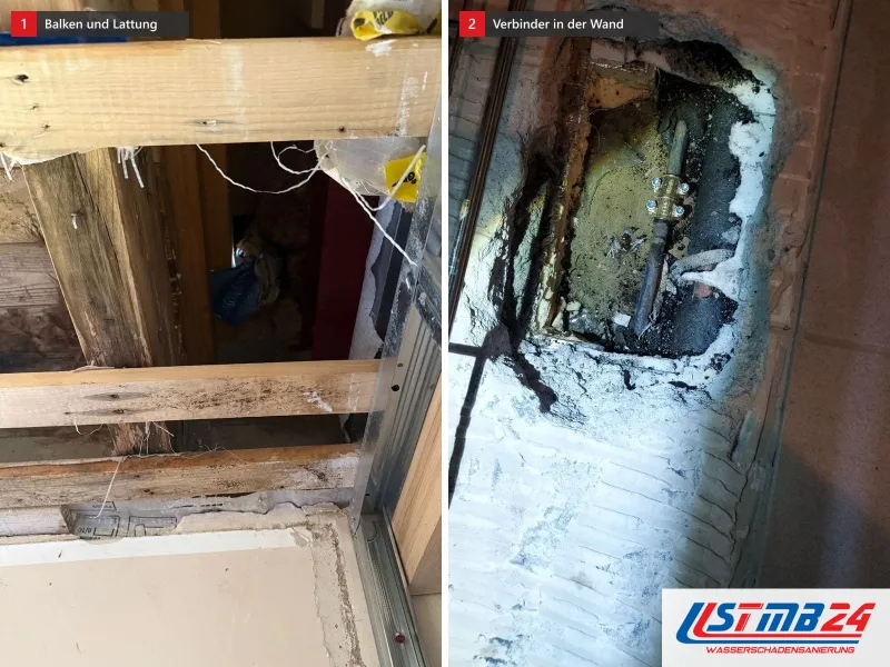Zwei Ansichten: geöffnete Decke mit altem Holzbalken und Lattung neben einem Metallprofil, daneben geöffnete Fliesenwand mit Rohr und Messingverbinder