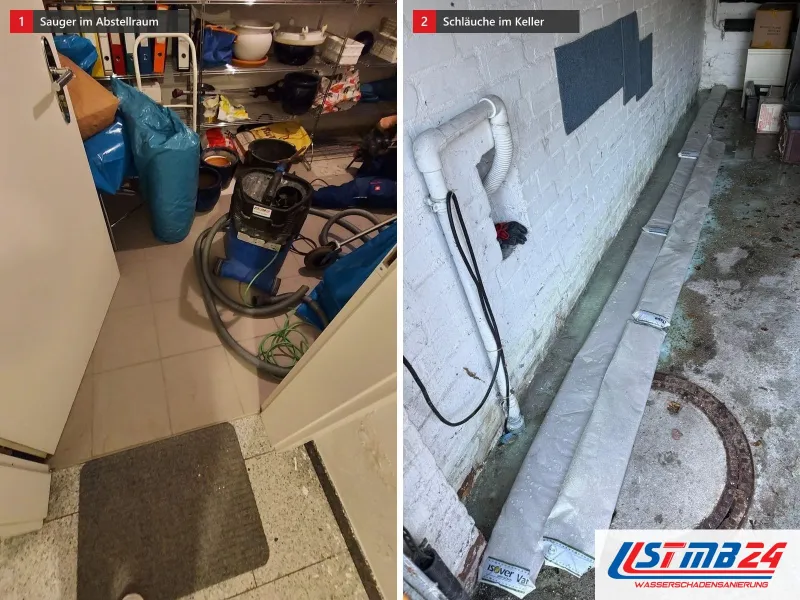 Zwei Ansichten: Abstellraum mit Wassersauger, grauen Saugschläuchen und blauen Säcken vor einem Regal, daneben Kellerraum mit Schläuchen am Boden