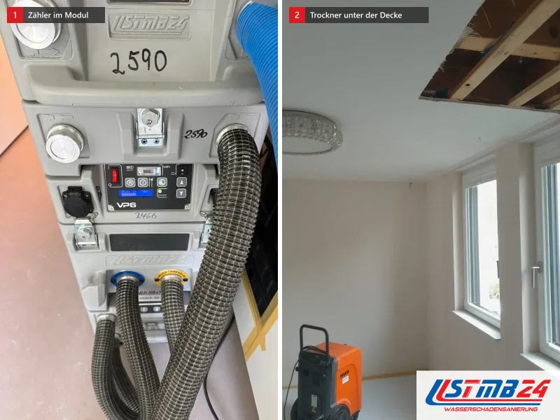 Zwei Ansichten: Steuermodul mit eingebautem Stromzähler, daneben orangefarbener Trockner in einem leeren Zimmer unter einem geöffneten Deckenfeld