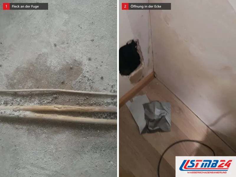 Zwei Ansichten: Betonboden mit Fuge und Feuchtefleck, daneben Raumecke mit Öffnung in der Wand und Folie am Boden
