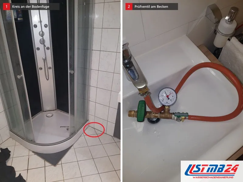 Zwei Ansichten: Eckdusche mit Glastüren und rotem Kreis an der Bodenfuge, daneben Waschbecken mit Prüfventil und Schlauch
