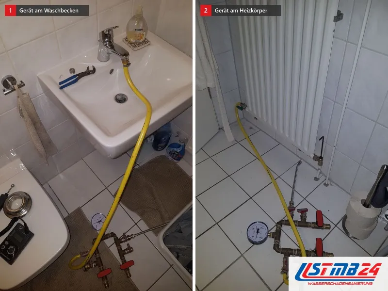 Zwei Ansichten: kleines Waschbecken mit Schlauch und Prüfgerät am Boden, daneben Handtuchheizkörper mit Prüfgerät auf dem Fliesenboden