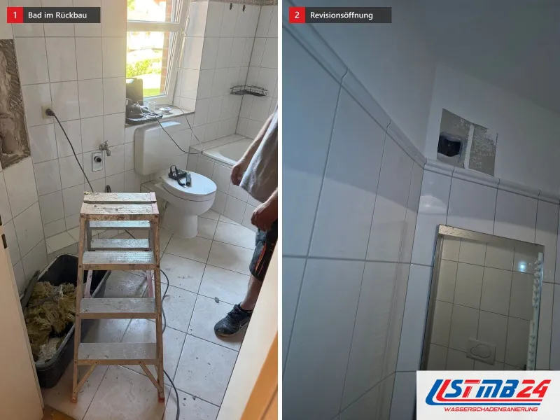 Zwei Ansichten: Bad im Rückbau mit Leiter, Mörtelwanne und einer Öffnung oben in der Wand, daneben Revisionsöffnung in der Fliesenwand über einer Tür