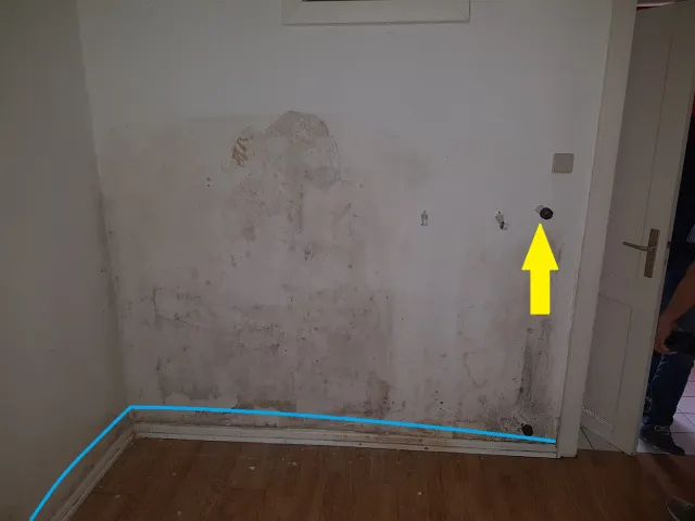 Schimmelpilzsanierung: Wand mit dunklen Schimmelflecken über der Sockelleiste, blaue Linie markiert die feuchte Zone, gelber Pfeil auf die Messstelle