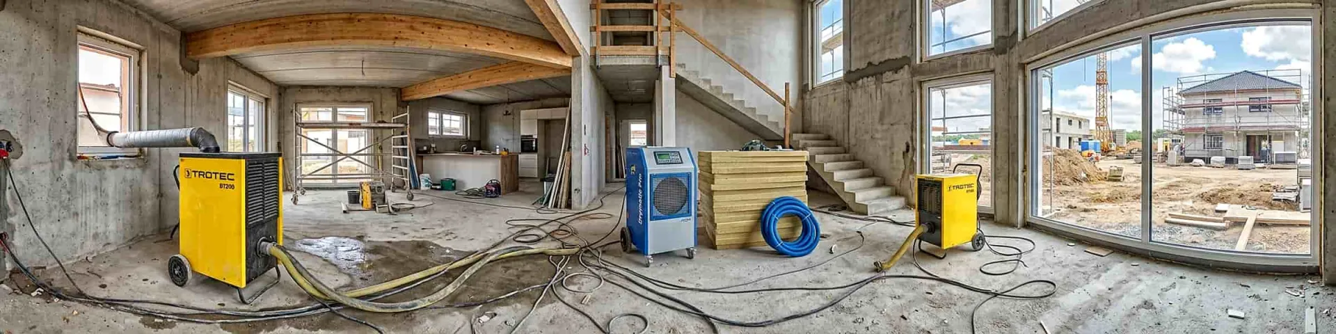 Neubautrocknung: gelbe und blaue Bautrockner mit Schläuchen auf feuchtem Estrich im Rohbau, durch die Fenster Baugerüst und Kran