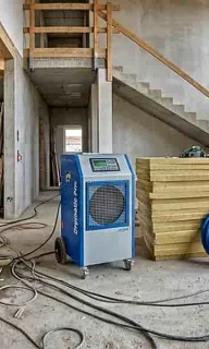 Neubautrocknung: gelbe und blaue Bautrockner mit Schläuchen auf feuchtem Estrich im Rohbau, durch die Fenster Baugerüst und Kran