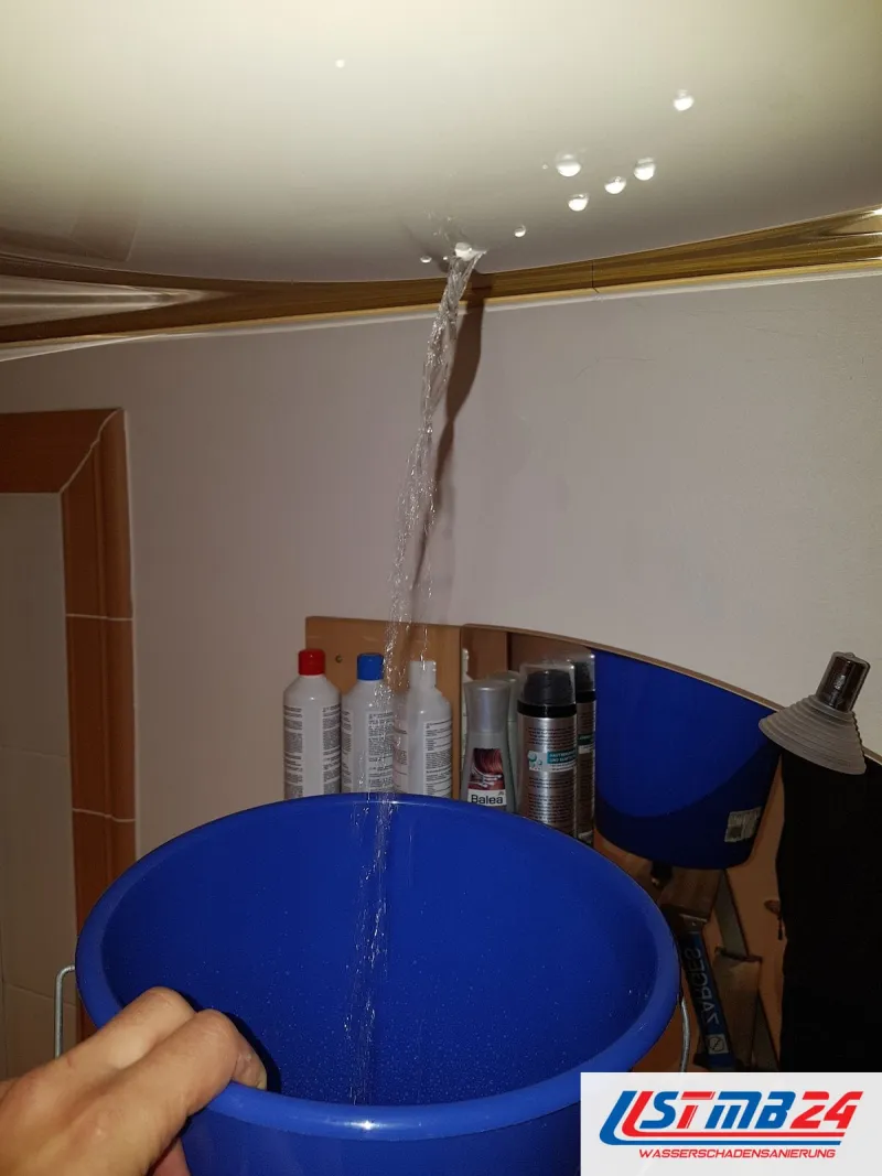 Sofortmaßnahmen bei Wasserschäden: Wasser läuft als Strahl aus der Zimmerdecke, ein blauer Eimer fängt es auf