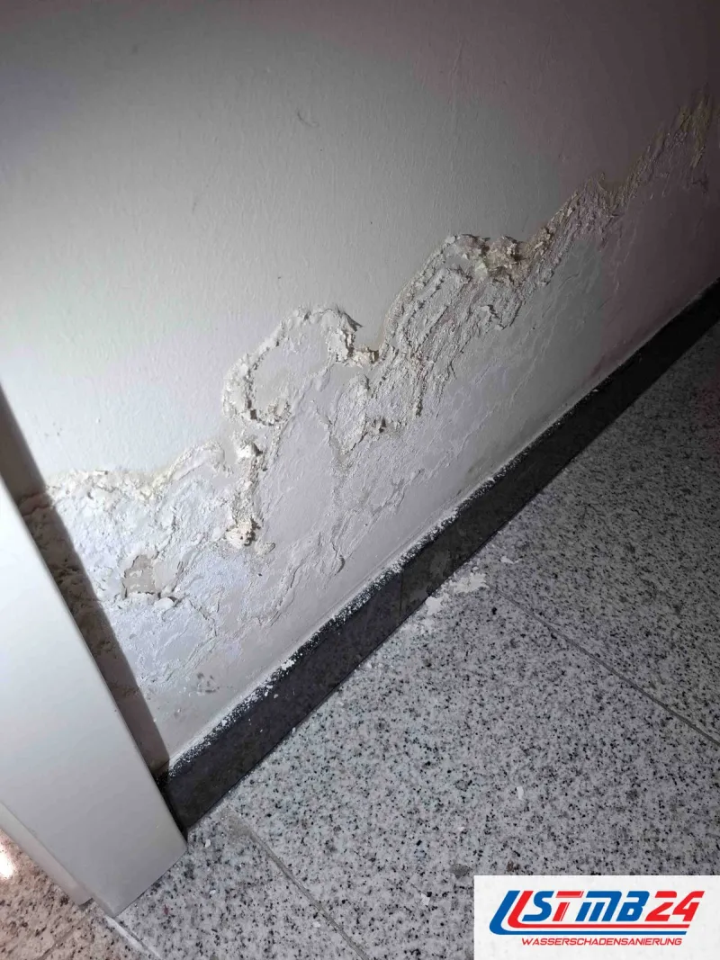 Bautrocknung in Geesthacht: Flurwand mit aufgeworfenem, abgeplatztem Anstrich über der schwarzen Sockelleiste, davor Granitboden