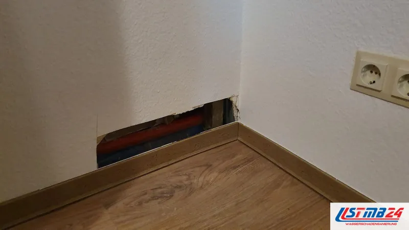 Bodenleger in Geesthacht: Laminat mit Sockelleiste in der Raumecke, die Wand darüber unten aufgeschnitten, dahinter rote und blaue Leitungen