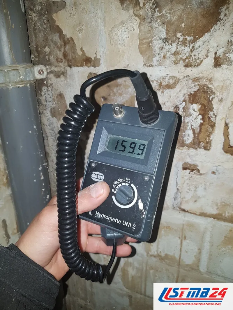 Feuchtigkeitsmessung in Geesthacht: Hydromette an der Kellerwand mit Salzausblühungen neben einem grauen Fallrohr, Anzeige 159,9