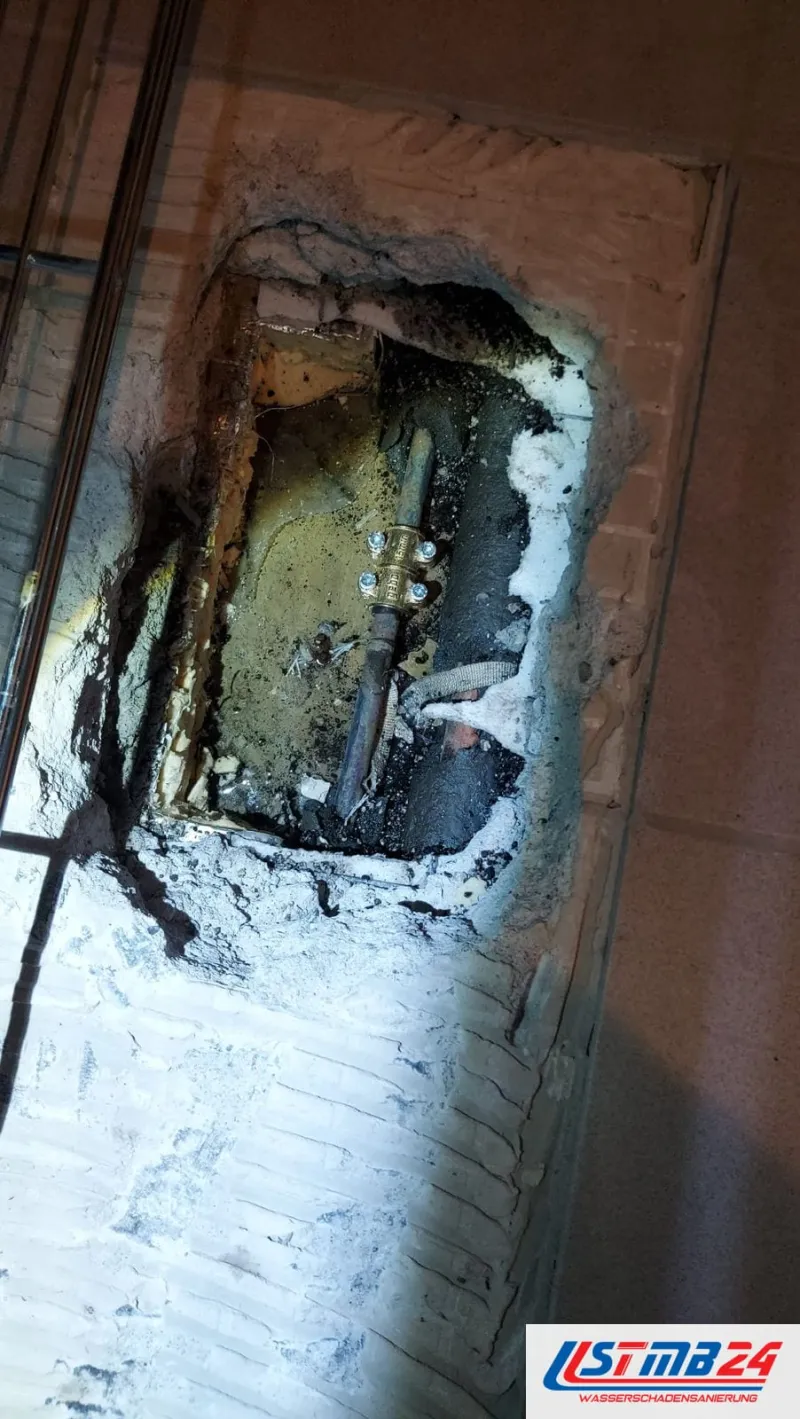 Wasserschaden Notdienst in Geesthacht: Fliesenwand geöffnet, in der Öffnung ein Rohr mit Messingverbinder, ringsum dunkle, nasse Reste