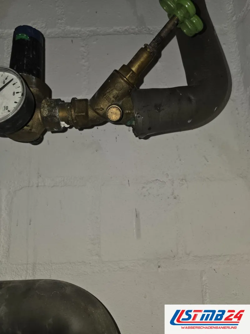Sanitär und Heizung in Geesthacht: Messingarmatur mit Manometer und Ventil mit grünem Handrad an der gedämmten Hauswasserleitung