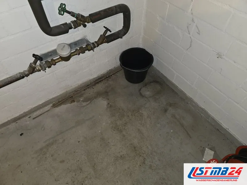 Sanitär und Heizung in Geesthacht: Hausanschluss im Keller mit Wasserzähler und Schrägsitzventilen, darunter ein Eimer und ein nasser Fleck