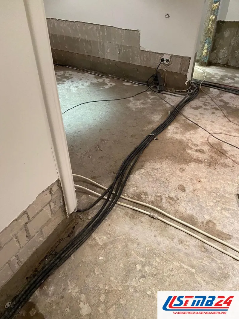 Elektriker in Grömitz: Kabelbündel laufen über den fleckigen Estrich zur Steckdose im Souterrain