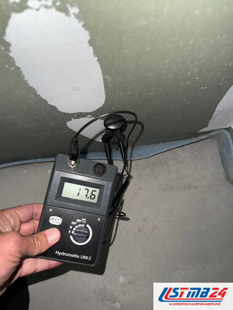 Feuchtigkeitsmessung in Grömitz: Hydromette mit Elektroden an der grünen Gipsplatte über dem Randstreifen, Anzeige 17,6