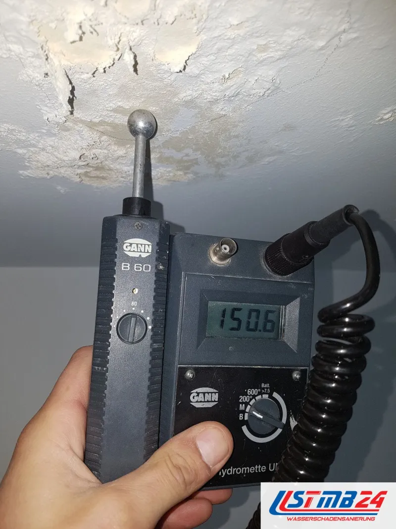 Feuchtigkeitsmessung in Grömitz: Kugelsonde an der Zimmerdecke mit abblätternder Farbe, die Hydromette zeigt 150,6