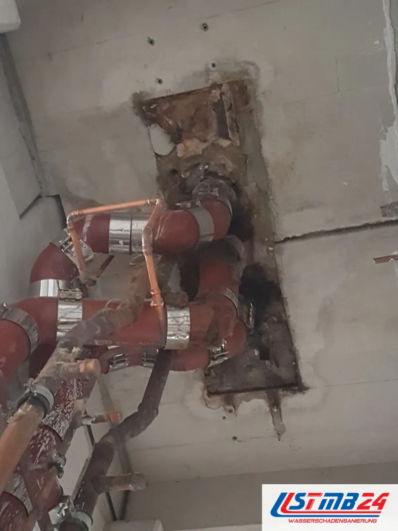 Sanitär und Heizung in Grömitz: geöffnete Decke mit rot gedämmten Heizungsrohren, Kupferleitungen und Wasserflecken