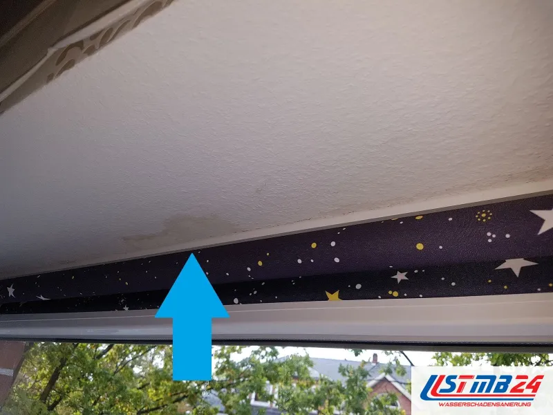 Tischler in Grömitz: Wasserfleck an der Decke über dem Fenster, ein blauer Pfeil zeigt auf die Stelle über dem Sternenrollo
