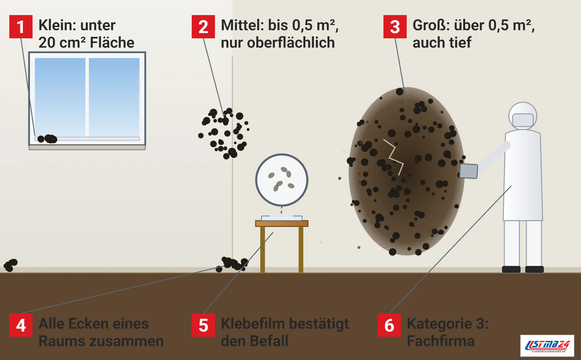 Befallskategorie, Funktionsweise: Wohnraum mit kleinem Fleck in der Fensterfuge, mittlerem Fleck an der Raumecke, großem tiefem Befall bis zum Boden, kleinen Flecken in den Bodenecken, Klebefilm mit Lupe und Fachkraft im Schutzanzug mit Spachtel