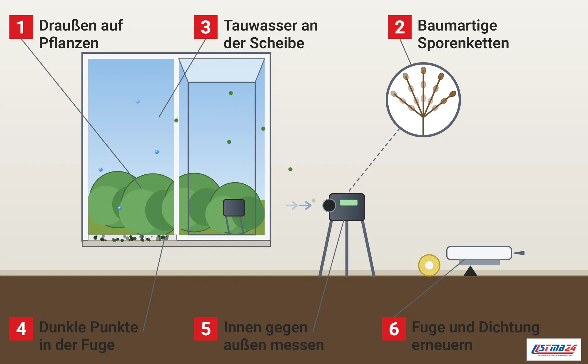 Cladosporium, Funktionsweise: großes Fenster mit Büschen draußen, hereintreibenden Sporen durch den gekippten Flügel, Tauwasser an der Scheibe, dunklen Punkten in der Silikonfuge, Luftkeimsammler draußen und innen, Kartuschenpistole und Dichtband, Lupe mit baumartigen Sporenketten