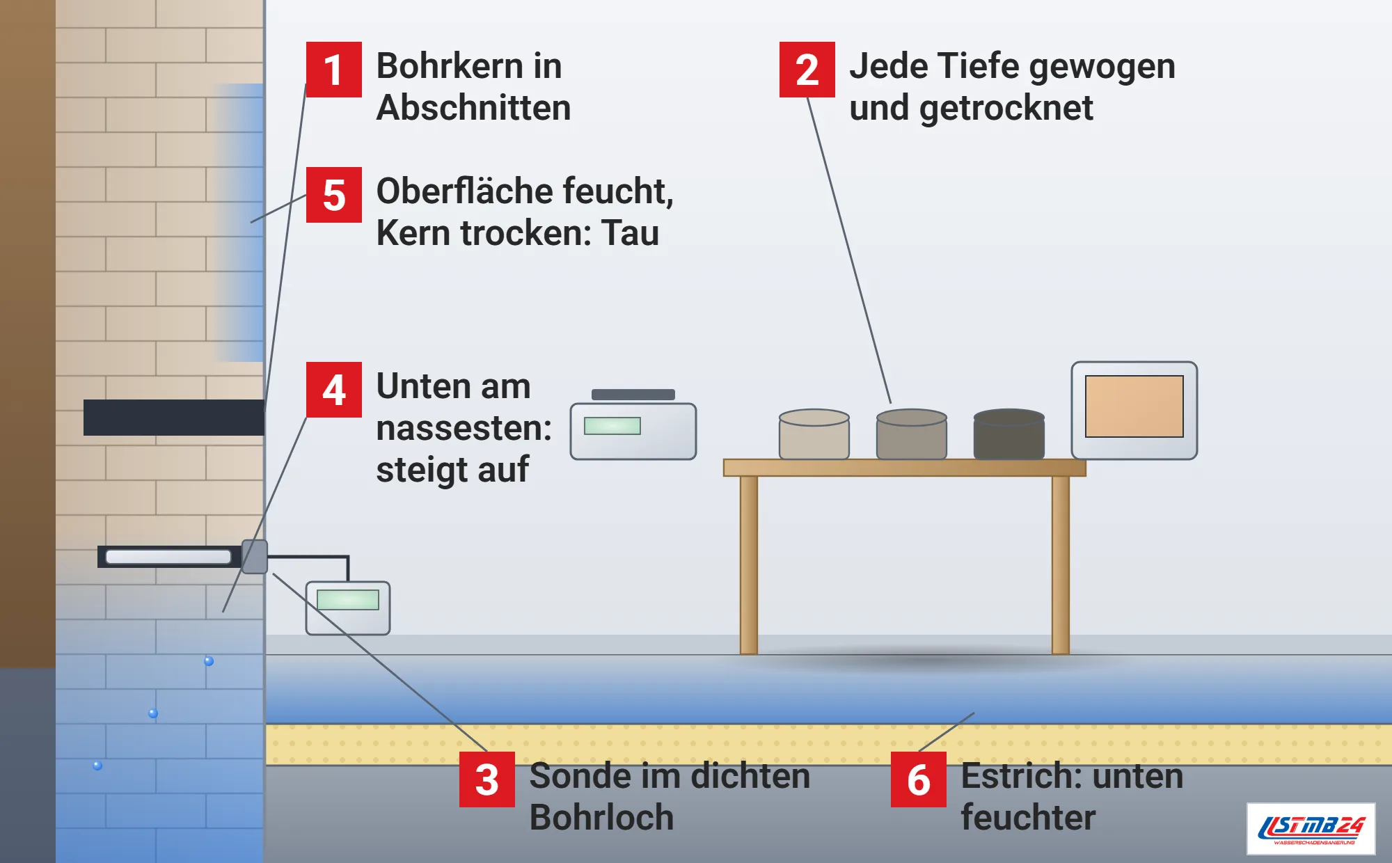 Feuchteprofil, Funktionsweise: Außenwand im Schnitt mit nasser unterer Zone, Bohrloch mit gezogenem Bohrkern, zweites Bohrloch mit Sonde und Messgerät, Tisch mit drei Kernstücken, Waage und Trockenschrank, Estrich im Schnitt unten feuchter