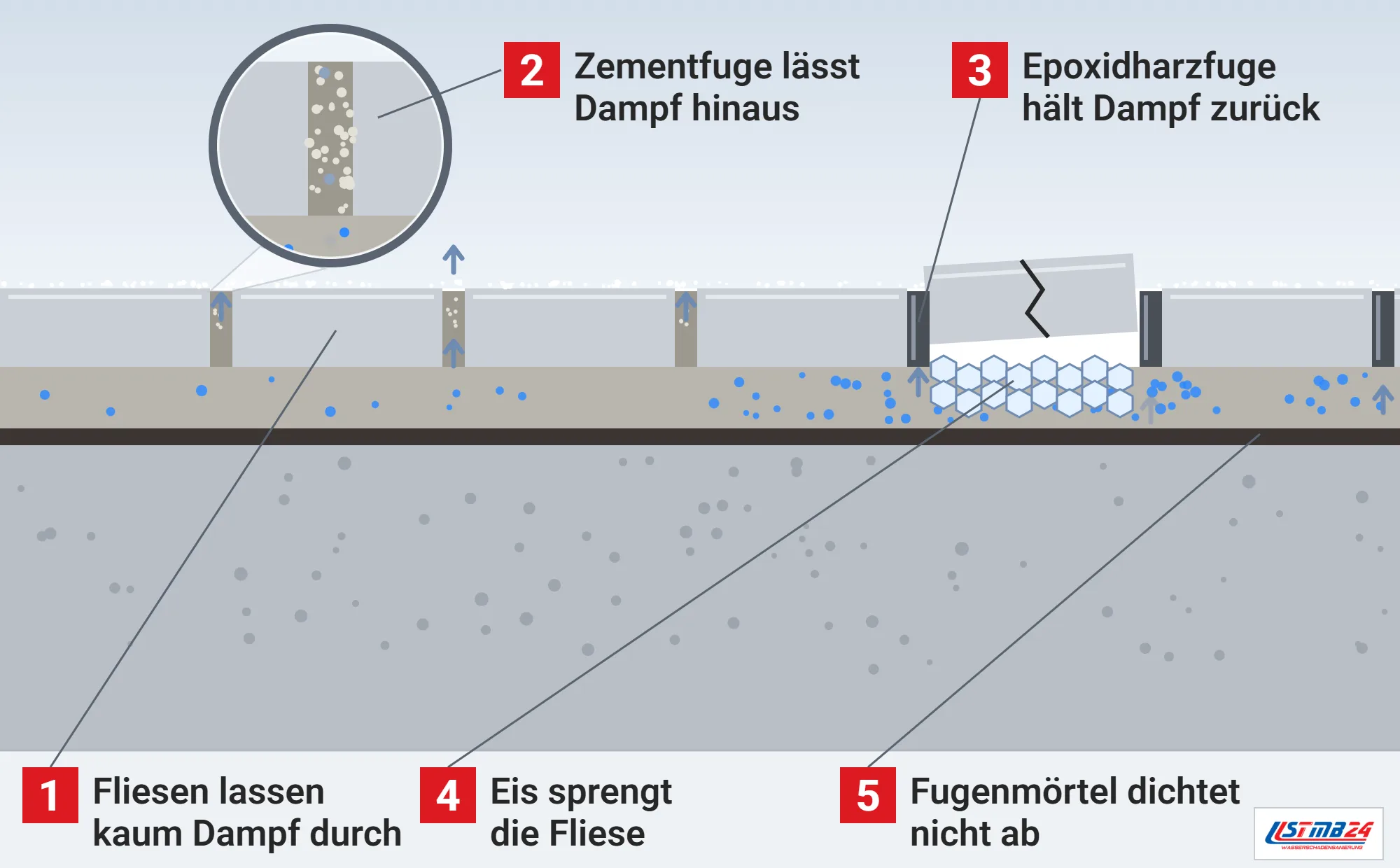 Fugenmörtel, Funktionsweise: Terrassenbelag im Schnitt, Dampf entweicht durch Zementfugen, unter Epoxidharzfugen gefriert Wasser und sprengt eine Fliese, Abdichtung darunter und Lupe auf die Zementfuge