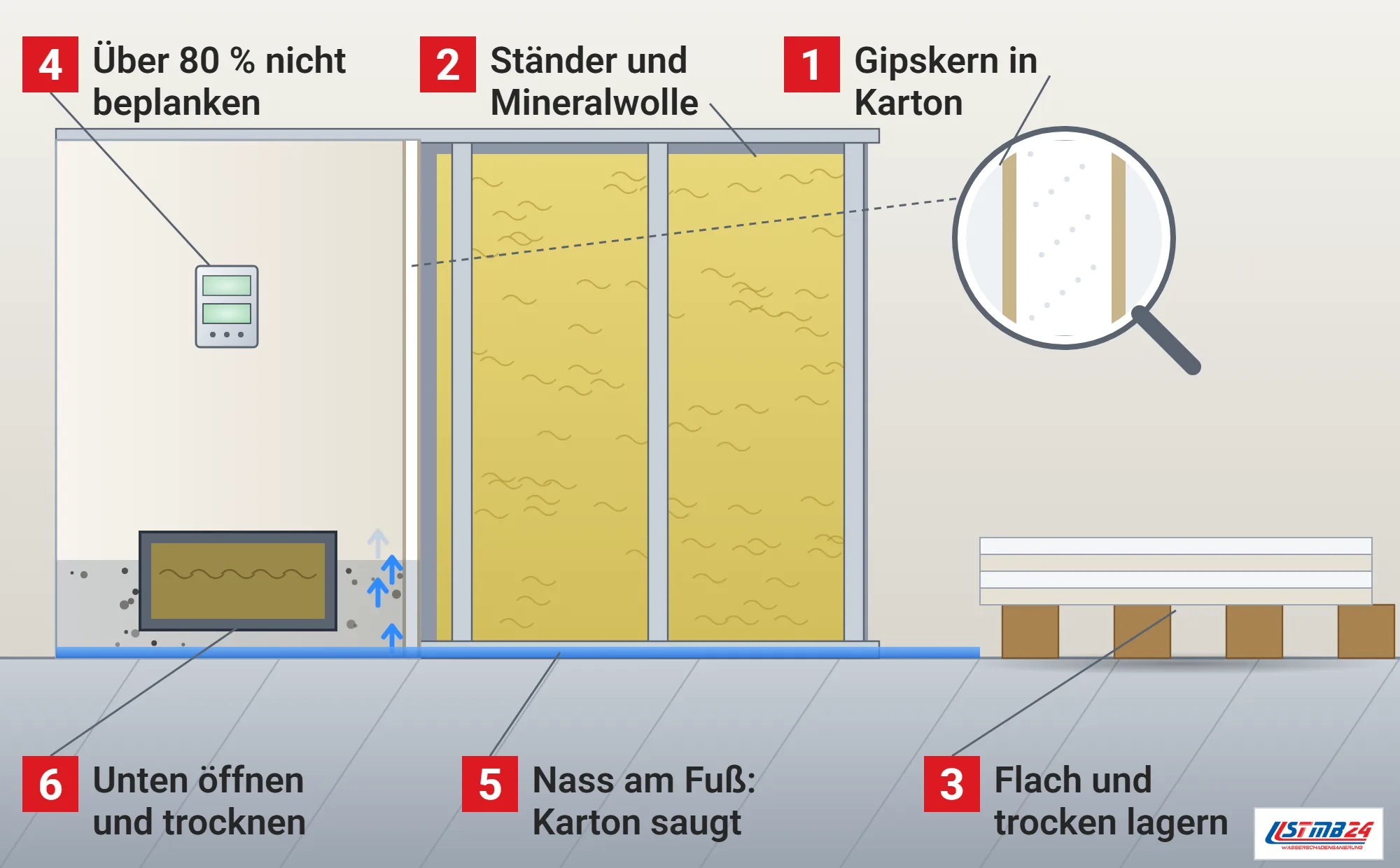 Gipskartonplatte, Funktionsweise: Trockenbauwand links beplankt und rechts offen mit Metallständern und Mineralwolle, Wasser am Fuß der Wand mit dunkler Platte und Revisionsöffnung, Hygrometer, Lupe mit dem Plattenquerschnitt aus Gipskern und Karton, flacher Plattenstapel auf Lagerhölzern