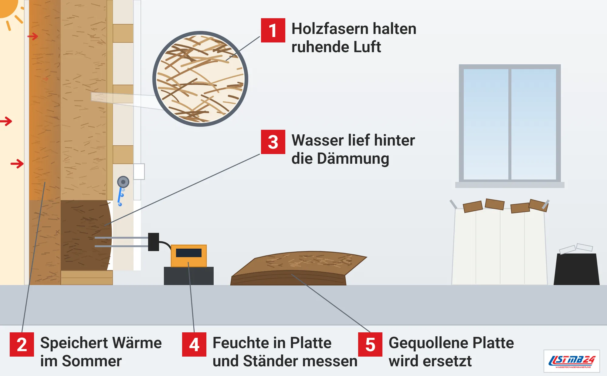 Holzfaserdämmplatte, Funktionsweise: Holzwand im Schnitt mit Holzfaserplatte und Holzfaserdämmung, Sonnenwärme in der äußeren Platte, nasse und gequollene Dämmung hinter der geöffneten Bekleidung mit Messelektroden, ausgebaute Platte, getrennte Reste und Lupe auf die Fasern
