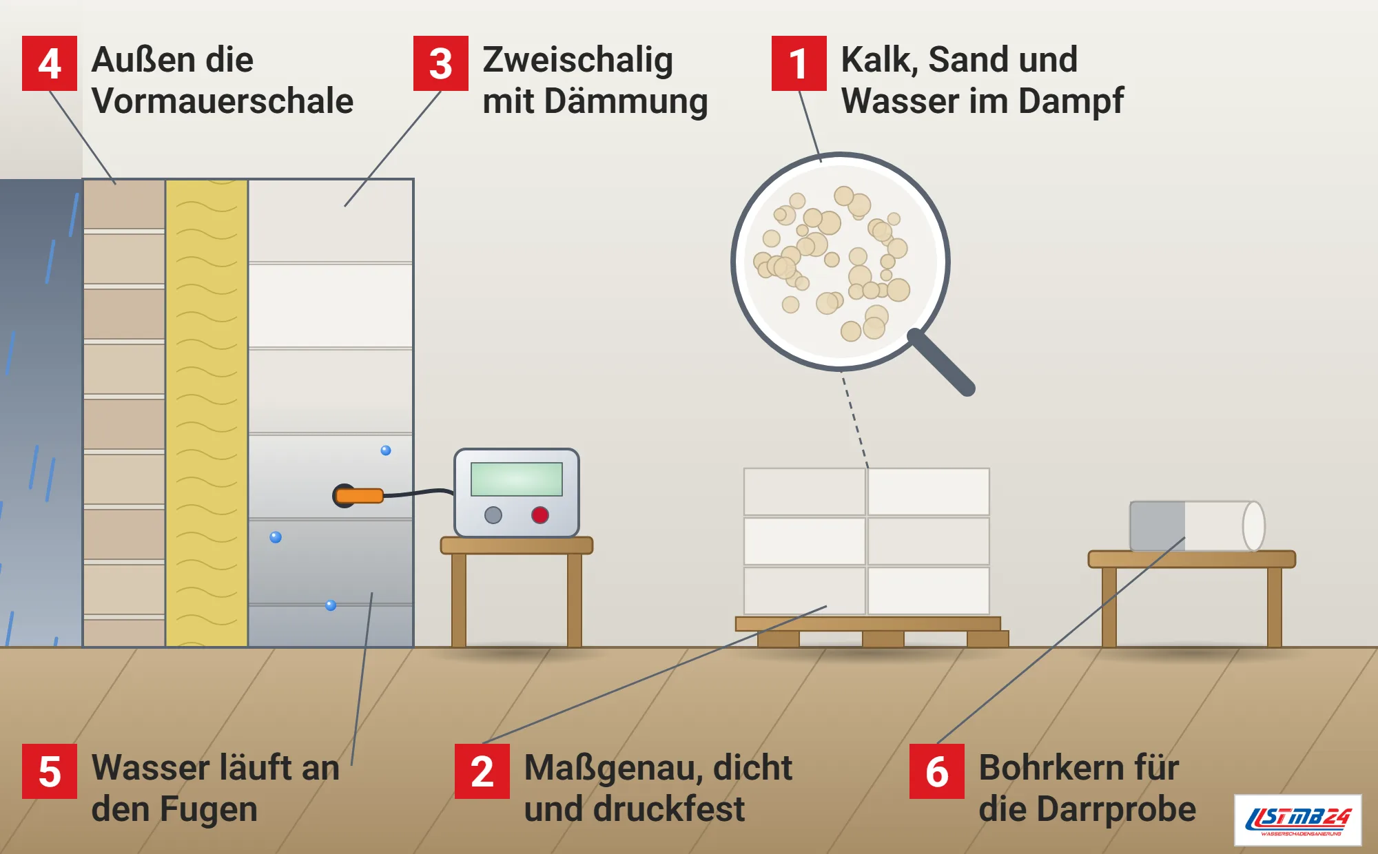 Kalksandstein, Funktionsweise: Außenwand im Schnitt mit Vormauerschale im Regen, Dämmung und Innenschale aus Planelementen mit feuchtem unteren Bereich und Tropfen an den Fugen, Sonde mit Messgerät auf einem Hocker, Steinstapel auf einer Palette, Lupe mit Sandkörnern im Kalk, Tisch mit Bohrkern