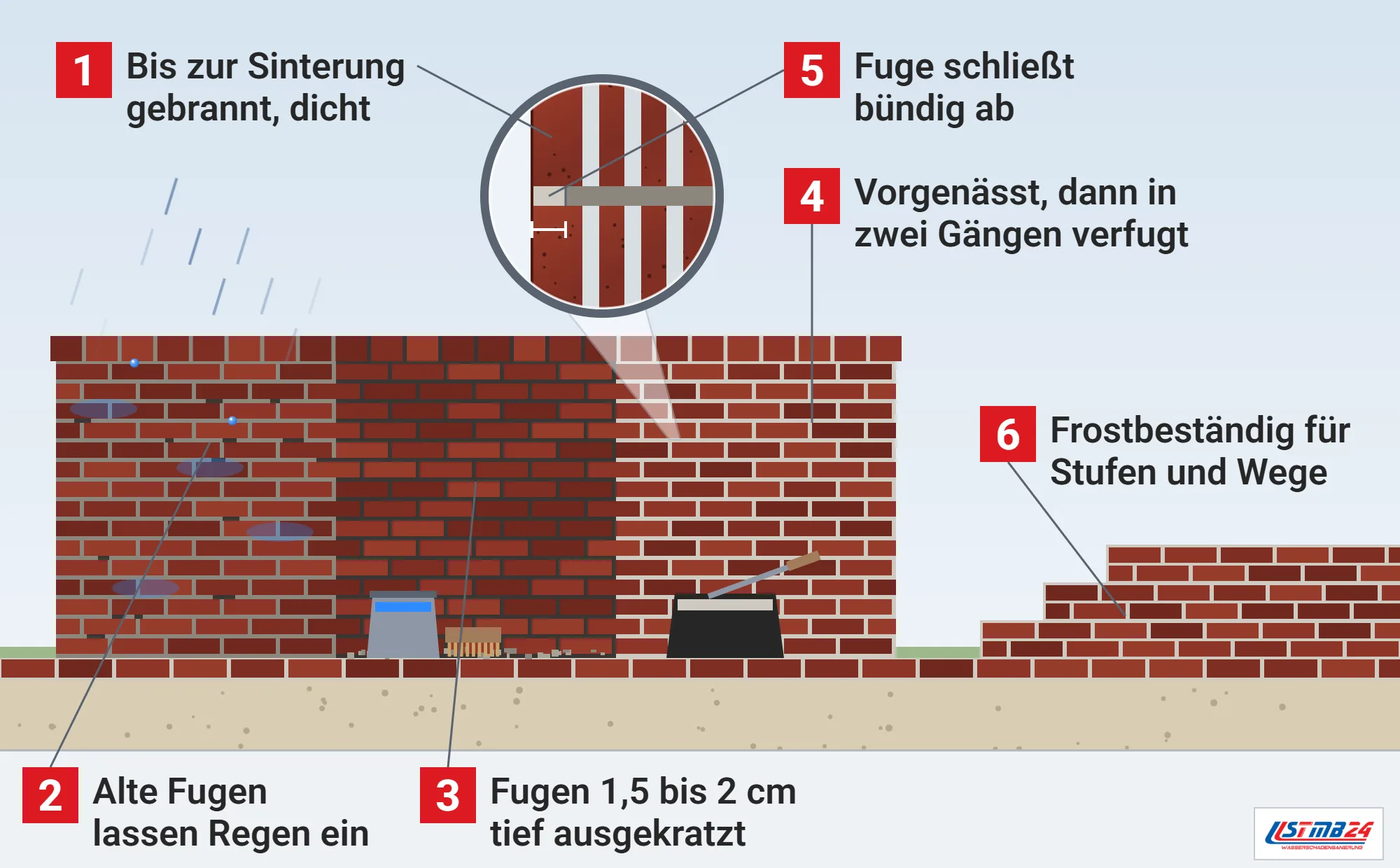 Klinker, Funktionsweise: Klinkermauer mit alten, ausgekratzten und neu verfugten Fugen, Eimer und Bürste zum Vornässen, Kübel mit Fugenmörtel, Klinkerstufen und Lupe auf eine bündige Lagerfuge im dichten Scherben