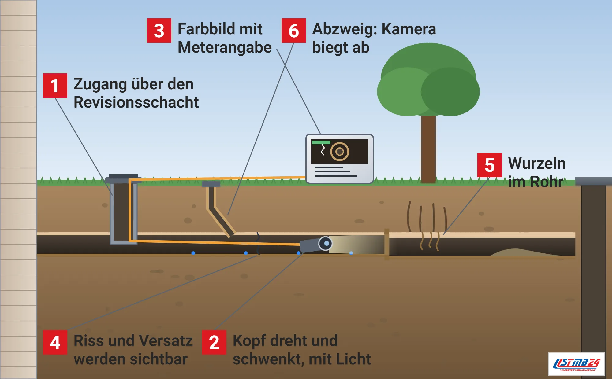 Rohrkamera, Funktionsweise: Grundleitung unter dem Garten im Schnitt mit Revisionsschacht, Schiebekamera mit Lichtkegel in der Leitung, Steuereinheit mit Monitor auf dem Rasen, Riss, Versatz, eingewachsene Wurzeln, Ablagerung und Abzweig vom Hofeinlauf