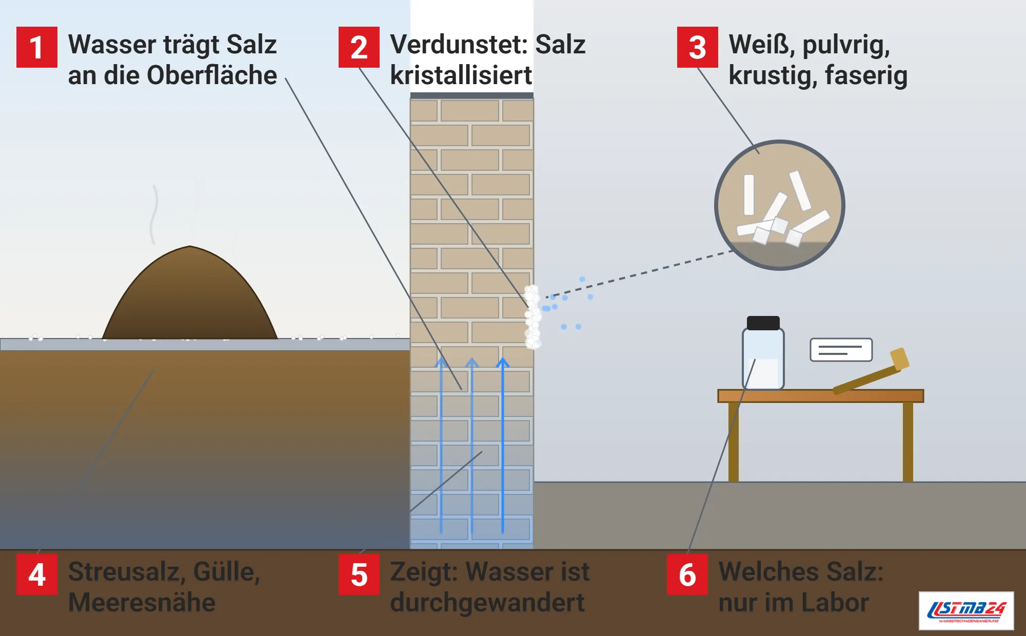 Salzausblühungen, Funktionsweise: Kellerwand im Schnitt mit kapillar aufsteigendem Wasser, weißer Kruste in der Verdunstungszone, Lupe mit Salzkristallen, Streusalz und Misthaufen draußen, feuchtem Erdreich und Probenglas für das Labor