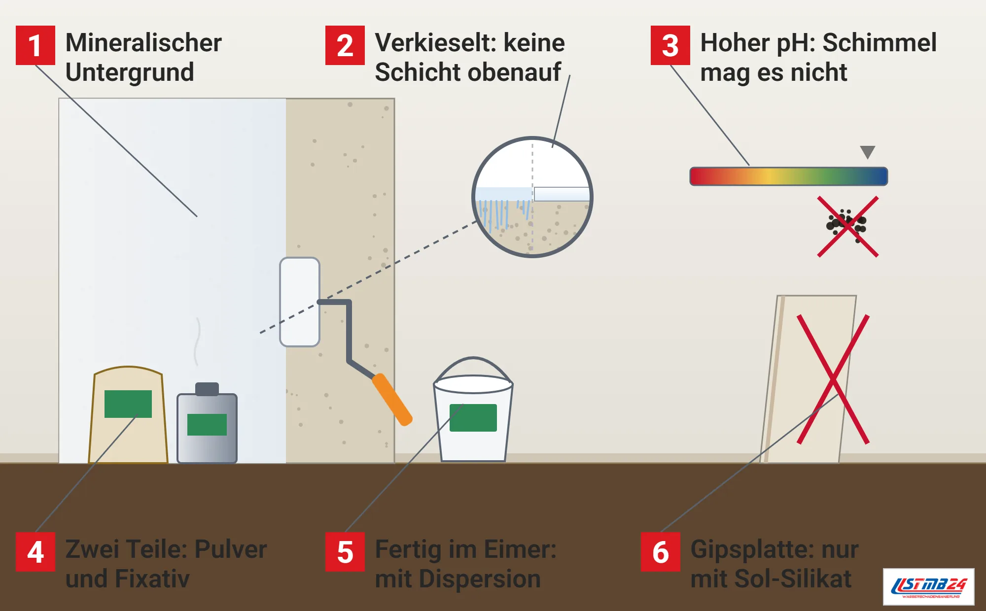 Silikatfarbe, Funktionsweise: Putzwand mit Rolle, Lupe mit Verkieselung gegen aufliegenden Film, pH-Streifen mit Marke im Blauen und durchgestrichenem Schimmelfleck, Sack mit Pulver und Kanister mit Fixativ, Eimer Dispersionssilikat und Gipsplatte mit rotem Kreuz