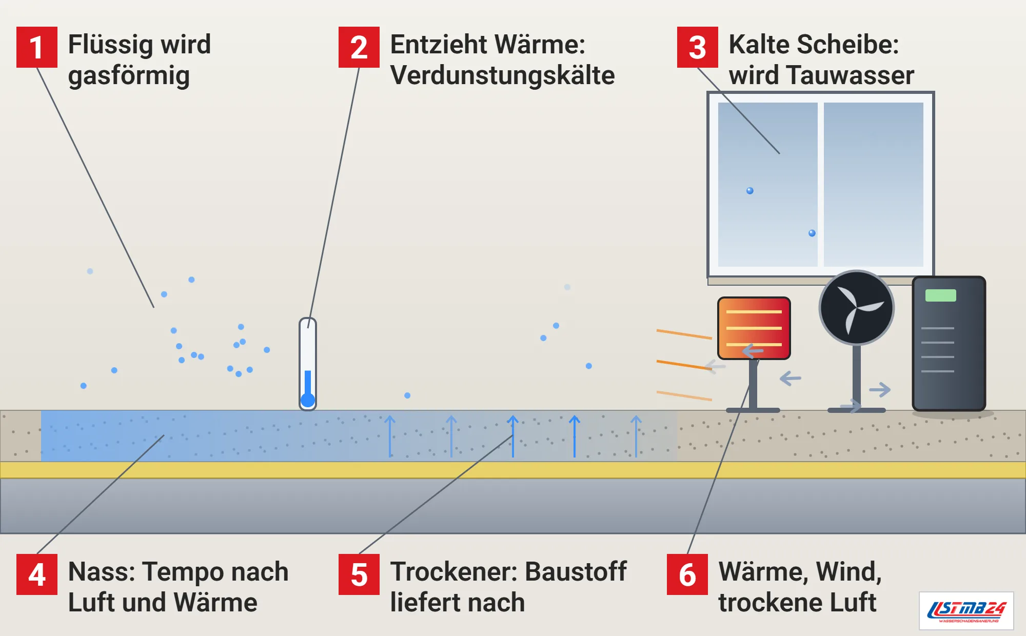 Verdunstung, Funktionsweise: nasser Estrich im Schnitt mit aufsteigendem Wasserdampf, Thermometer mit Verdunstungskälte, trockenerer Teil mit Kapillarpfeilen aus dem Kern, Tauwasser an der kalten Scheibe sowie Infrarotstrahler, Ventilator und Luftentfeuchter