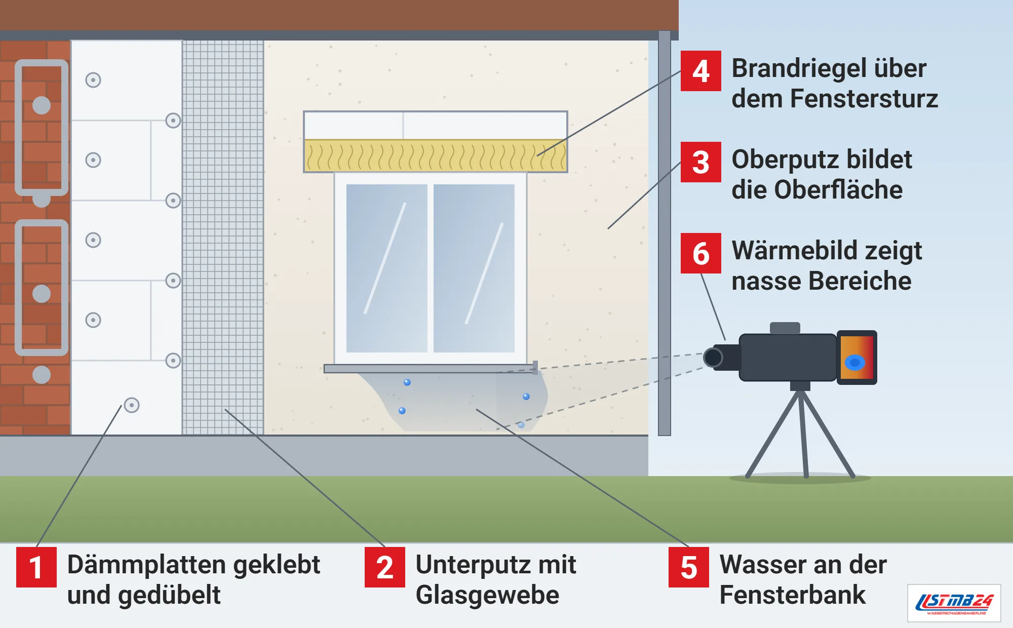 Wärmedämmverbundsystem, Funktionsweise: Fassade stufenweise aufgeschnitten mit Kleber auf dem Mauerwerk, gedübelten Dämmplatten, Unterputz mit Glasgewebe und Oberputz, Brandriegel aus Mineralwolle über dem Fenster, Wasser an der Fensterbank und Wärmebildkamera auf dem Stativ