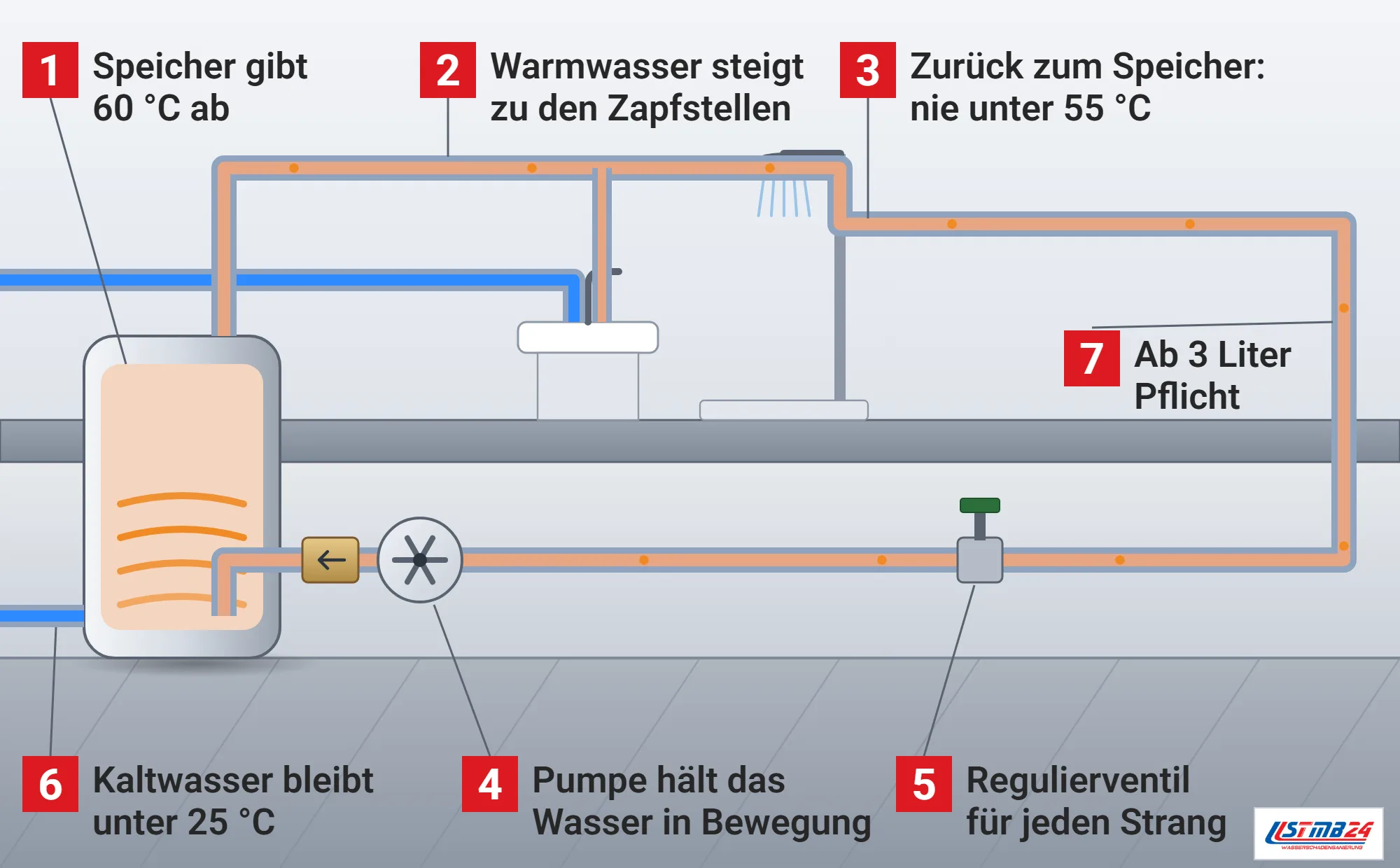 Zirkulationsleitung, Funktionsweise: Haus im Schnitt mit Trinkwassererwärmer im Keller, gedämmte Warmwasserleitung zu Waschtisch und Dusche im Bad, Rücklauf mit Zirkulationspumpe, Rückflussverhinderer und Regulierventil, getrennte Kaltwasserleitung, orange Punkte laufen im Kreis