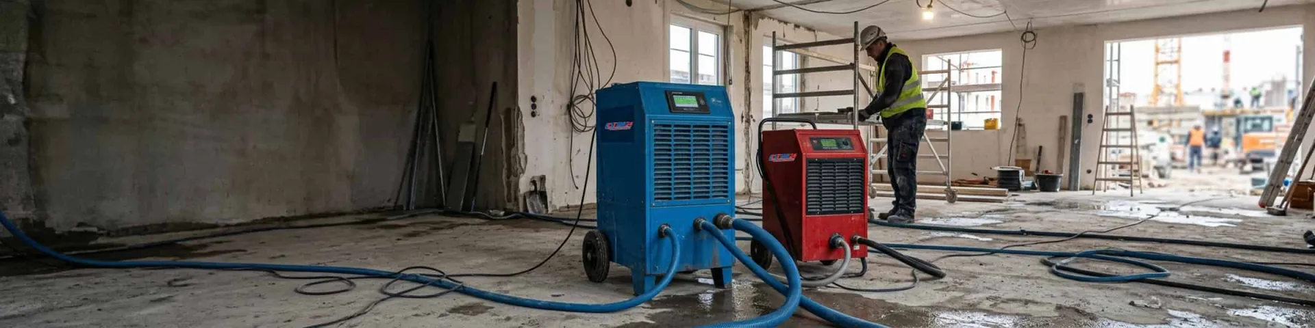 Trocknungsgerät mieten: blauer und roter Bautrockner mit Schläuchen auf nassem Estrich im Rohbau, dahinter ein Handwerker am Gerüst
