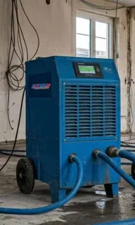 Trocknungsgerät mieten: blauer und roter Bautrockner mit Schläuchen auf nassem Estrich im Rohbau, dahinter ein Handwerker am Gerüst